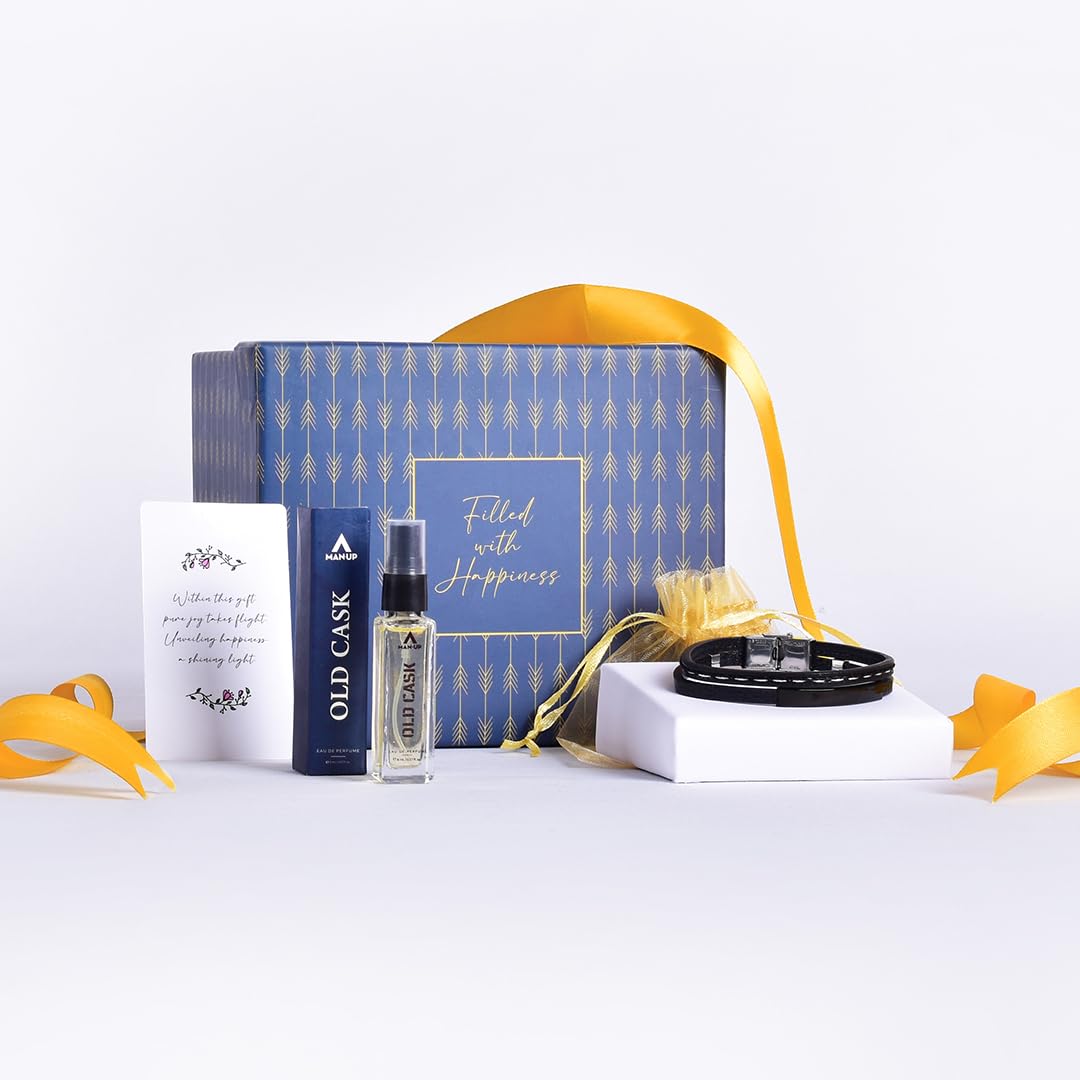 Combo: Perfume & Leather Bracelet Gift Set for Men | Gift Box with Old Cask Perfume (8 ml) | Multicolor