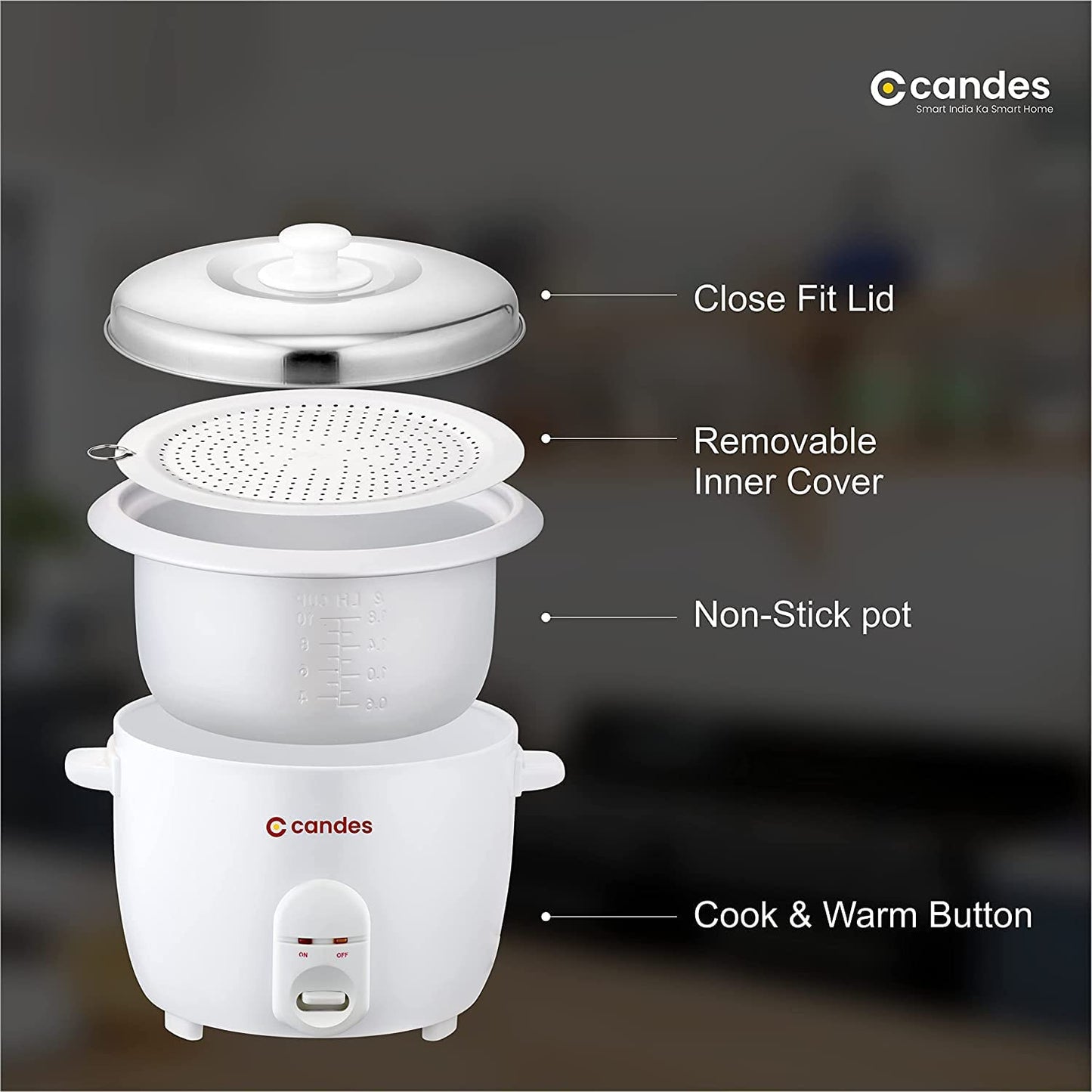 Candes Aroma Electric Easy Cook 1.8 liters Automatic Rice Cooker with 1 Measuring cup and Spatula (1 Year Warranty, 700W) (White)