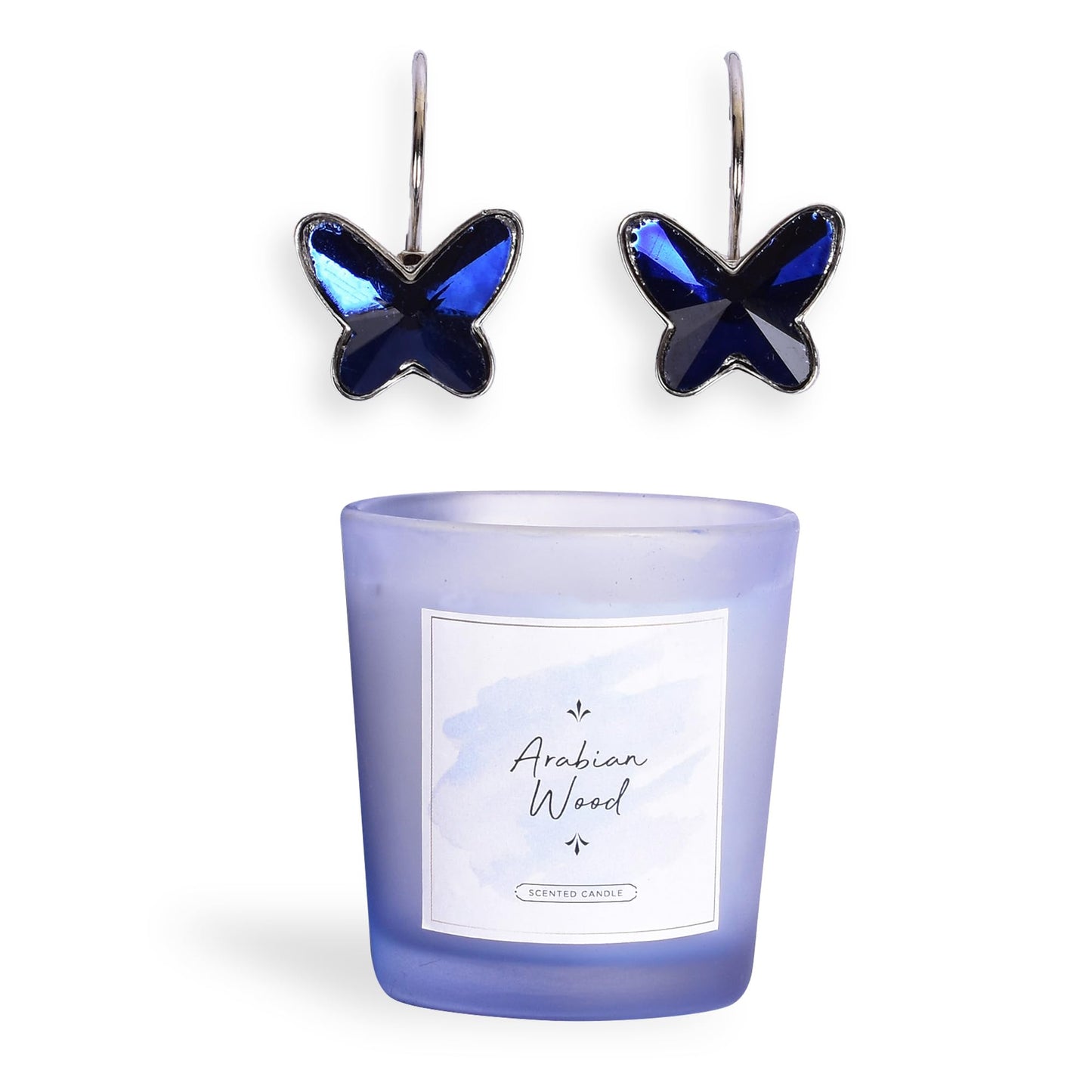 Combo: Gleevers Gift Set - Scented Votive Candle (Arabian Wood, 60gm) & Yellow Chimes Earrings | Blue