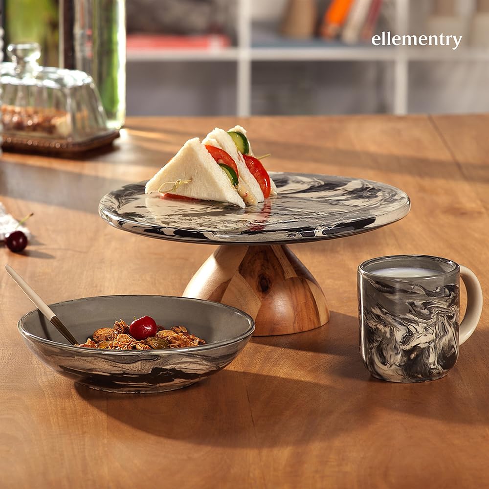 Ellementry Carbon Ceramic and Wooden Cake Stand with Wooden Base | Decorating Round Pizza Cake Stand| Fruit & Dessert Stand| Round Cup Cake Table | Wooden Table Stand for Birthday & Anniversary