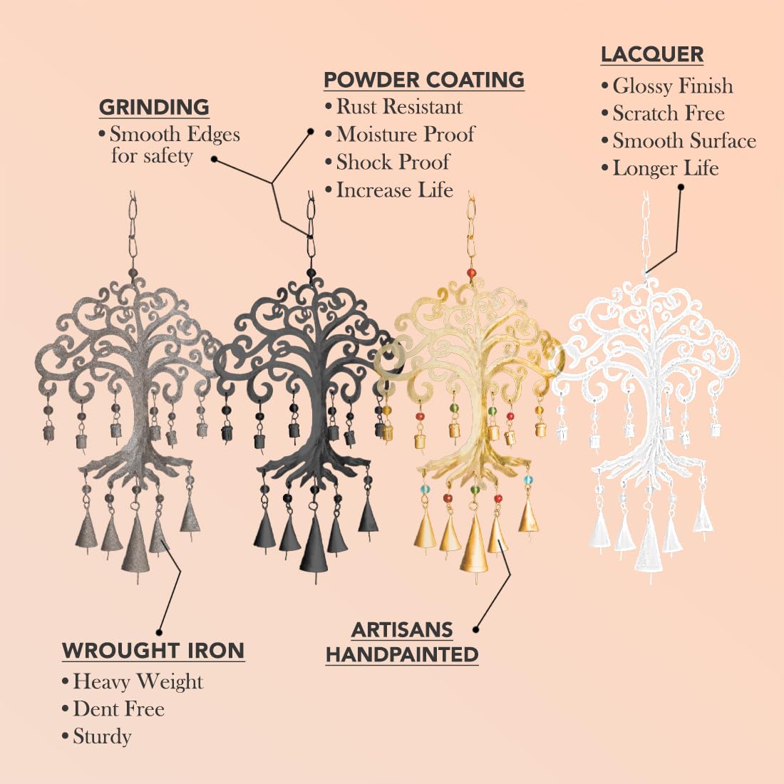 Metal Wind Chimes - Tree of Life Design | Easy to Install | Standard Size | Gold Brass Finish