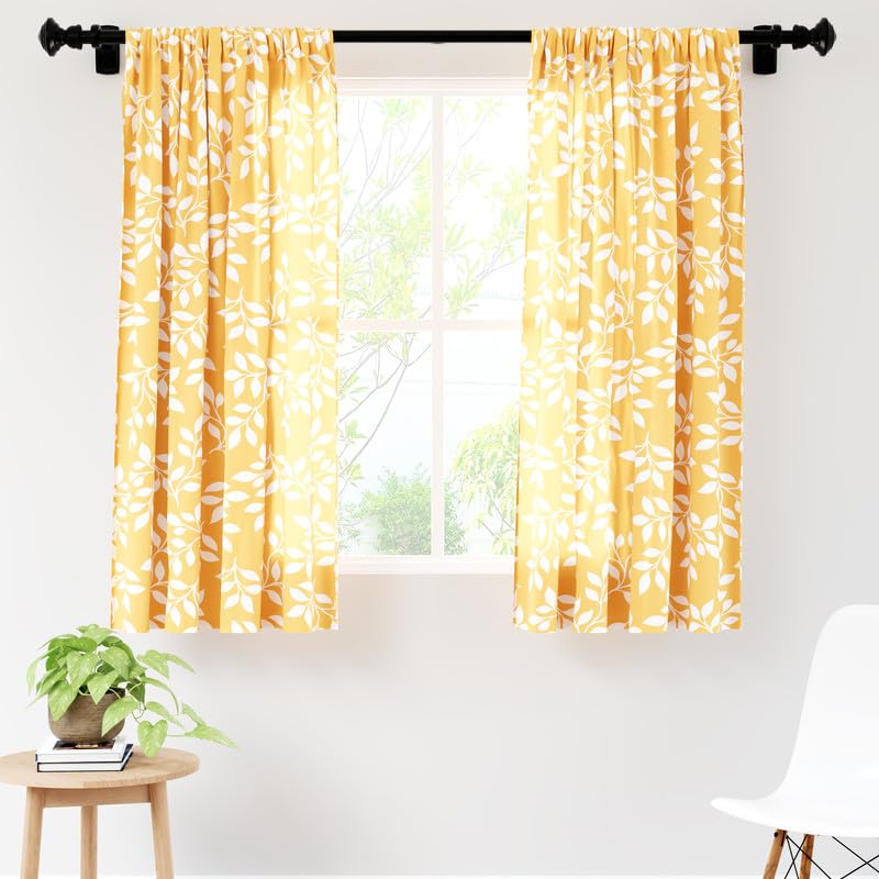 Set of 2: Polyester Printed Window Curtains - Light-Filtering with Tie Back | 5 ft | Reverse Leaf Yellow