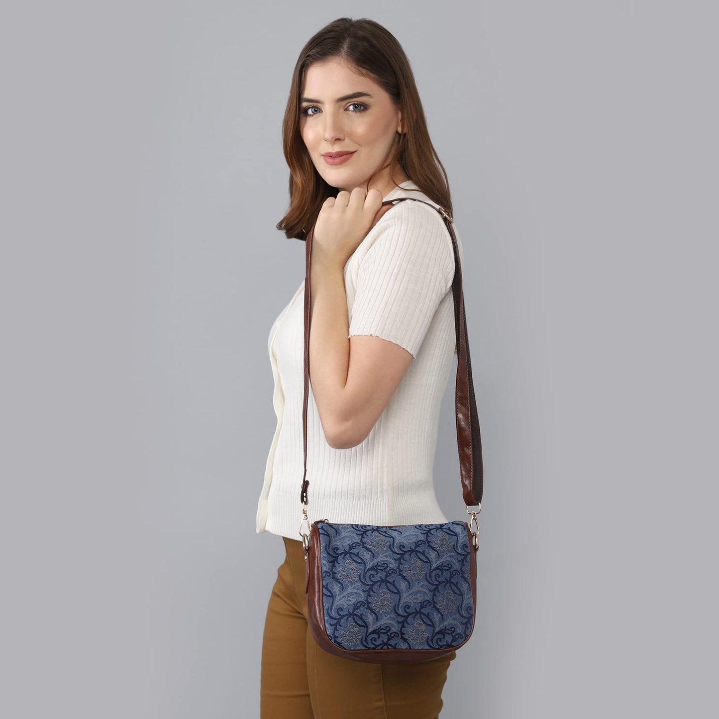 Single Shoulder Bag: Handicraft Fabric Tapestry Sling Bag with Floral Print | Crossbody Design | Blue