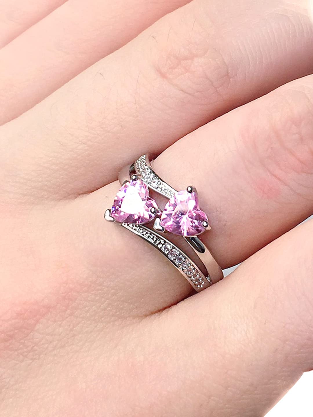 unwind Silver Tone Pink Dual Heart Ring - Special Occasion Accessory