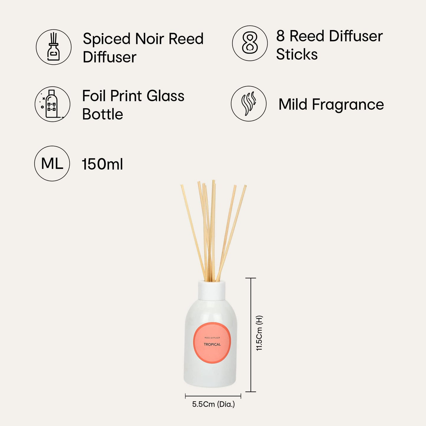 Combo: Spiced Noir Reed Diffuser Set - Alcohol-Free, Mild Tropical Fragrance | Glass Vessel & 8 Sticks | 150ml