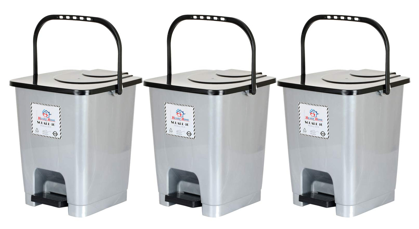 Heart Home Premium Plastic Pedal Dustbin 10 Ltr (Grey)-Pack of 3-HHEART16407