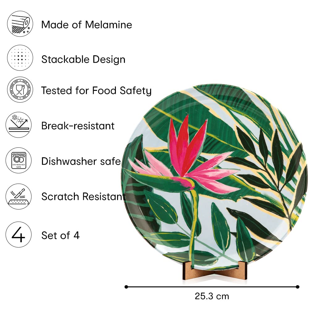 Pack of 4: Round Melamine Serving Plates - BPA Free, Floral Print | 10 inches | Ideal for Salads & Side Dishes