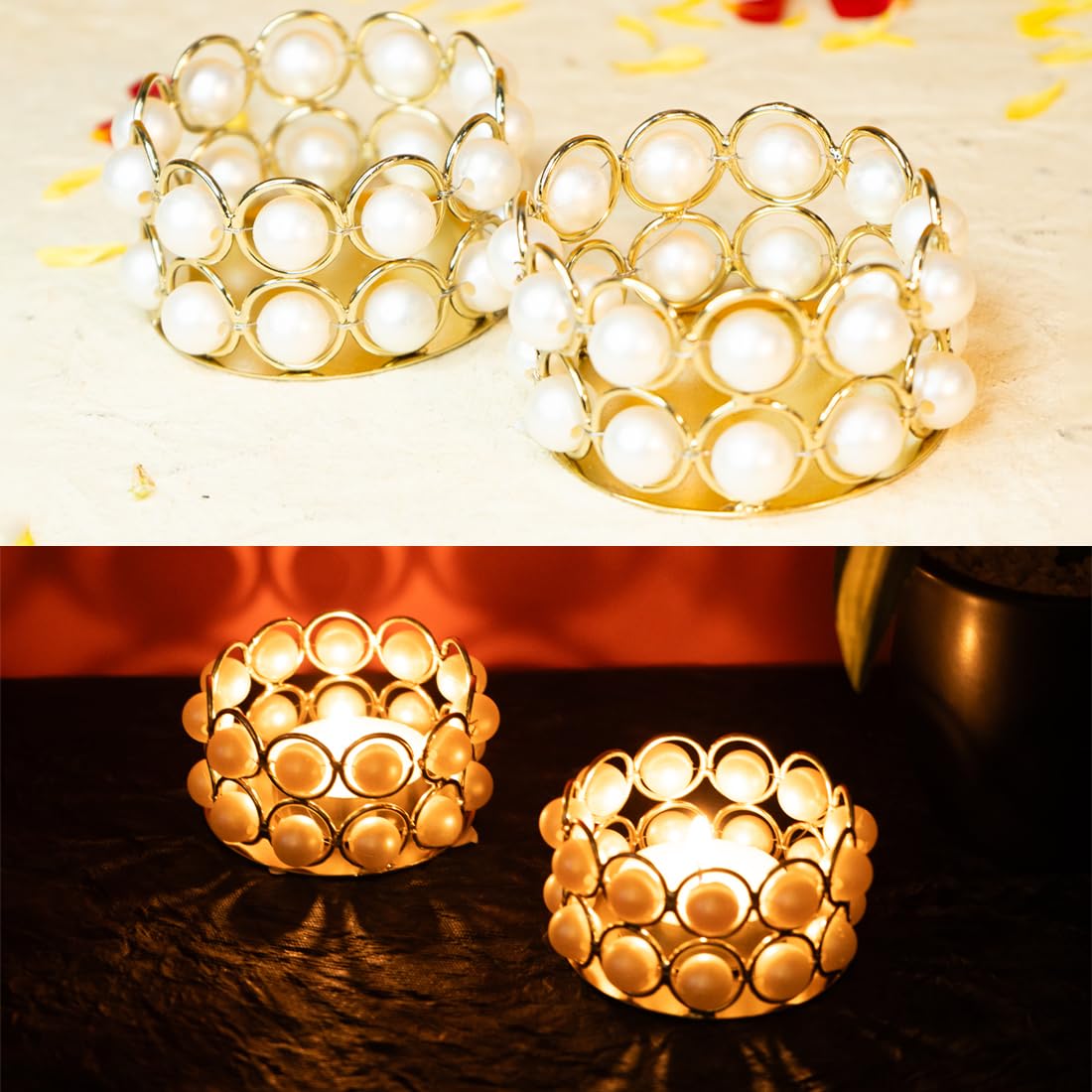 Ekhasa Metal Tealight Candle Holders for Home Decor | Perfect Candle Stand for Diwali Decoration and Table Decor | Indoor & Outdoor, Festival Decorative Candles Gift Items (Pearl Studded, Set of 2)