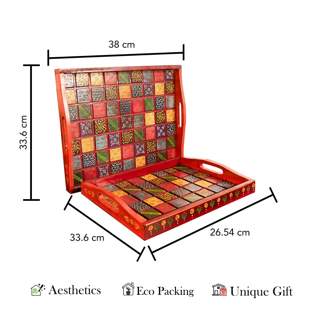 Ekhasa Wooden Tray for Serving | Hand Crafted Wooden Organiser for Kitchen and Dining Table | Tea Tray Set Serveware | Wooden Tray for Decoration (Handpainted, Mango Wood, Set of 2)