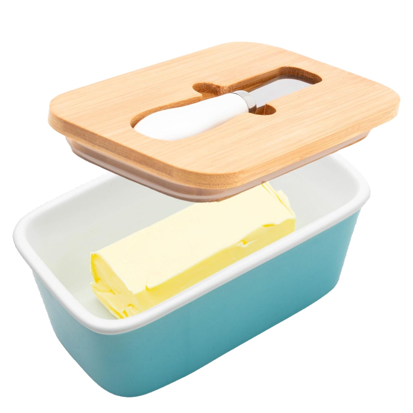 UMAI Ceramic Butter Dish with Lid & Knife (600ml) | Butter/Cheese Box for Fridge | Wooden Airtight Lid with Sealed Silicone Ring | Butter Container | Butter Holder/Case (Blue, Pack of 1)