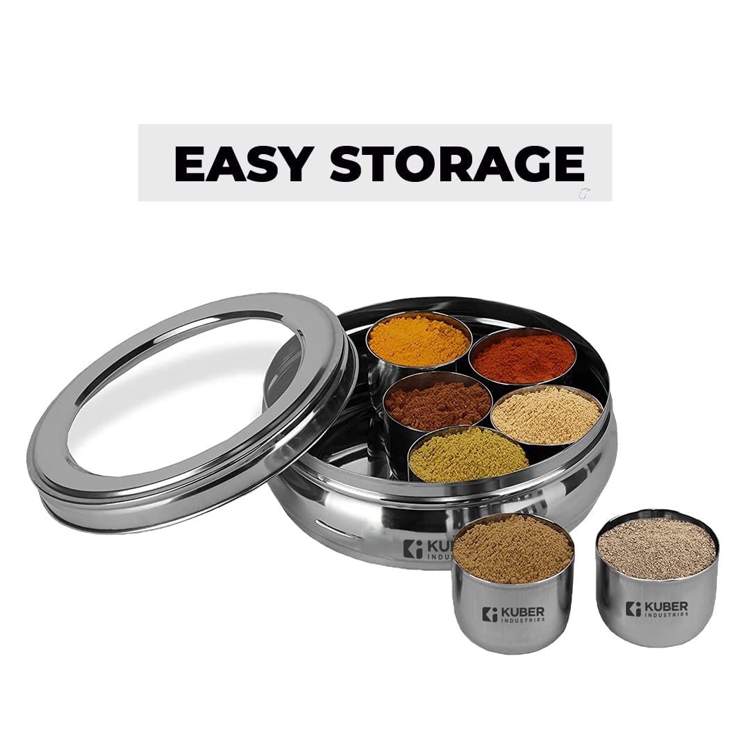 Pack of 4: Stainless Steel Belly Shape Masala Box - 7 Containers, Spoon, See-Through Lid | 1250 ml | Silver