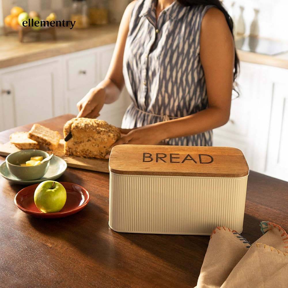 Metal Bread Box with Wooden Lid - Food Grade, BPA Free, Handcrafted | Off-White | Rustic Style | Rectangular