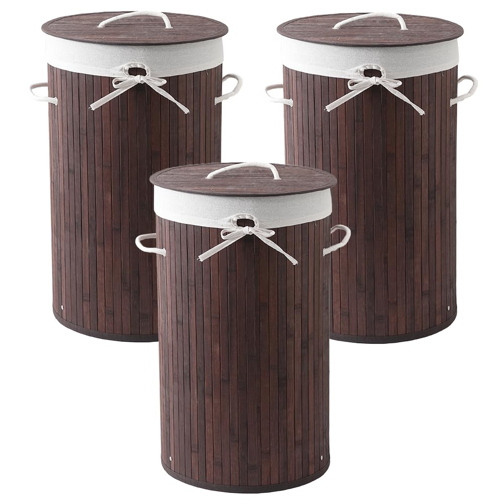 Pack of 3: Bamboo Laundry Bags - Foldable with Lid | 72 Litres | Dark Brown | Perfect for Clothes Storage