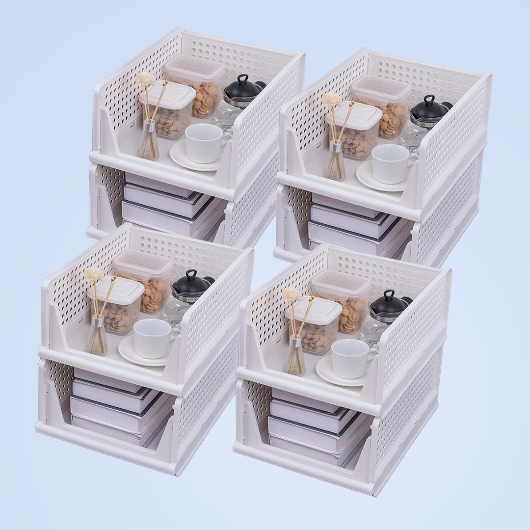 Foldable & Stackable Wardrobe Organizer - Durable Plastic Shelf | Freestanding | Medium Size | White