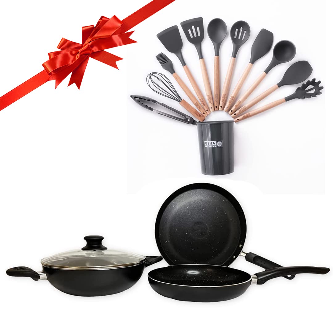 USHA SHRIRAM 3 Piece Non Stick Set of Tawa, Fry Pan, Kadhai (Lid) & Spatula Set | Stove & Induction Cookware | Easy Grip Handles | 3 Layer Non Stick Coating | Lightweight | Gift Set