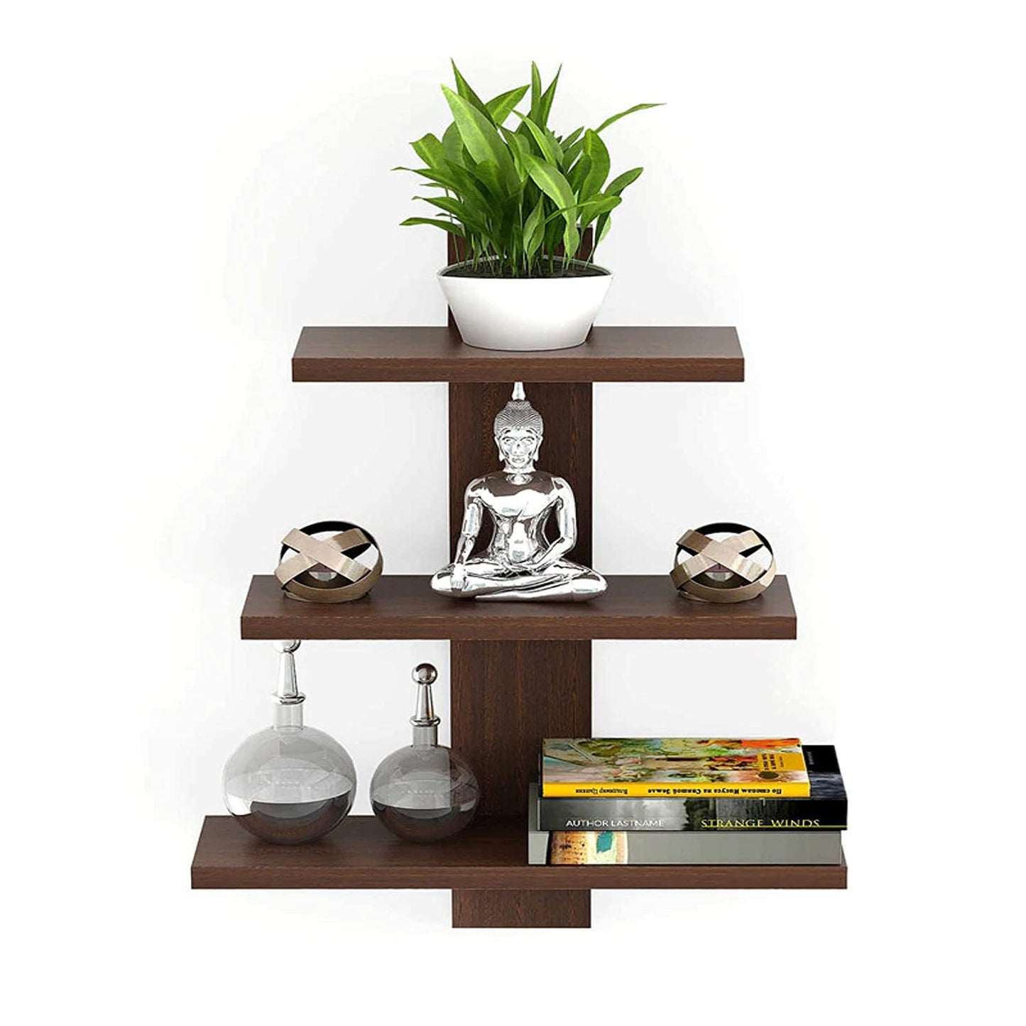 Kuber Industries Wooden Wall Shelf|Multipurpose Tree Shape Display Rack|Engineered Wood Mount 3 Tier Shelves for Office & Home D?cor (Brown)