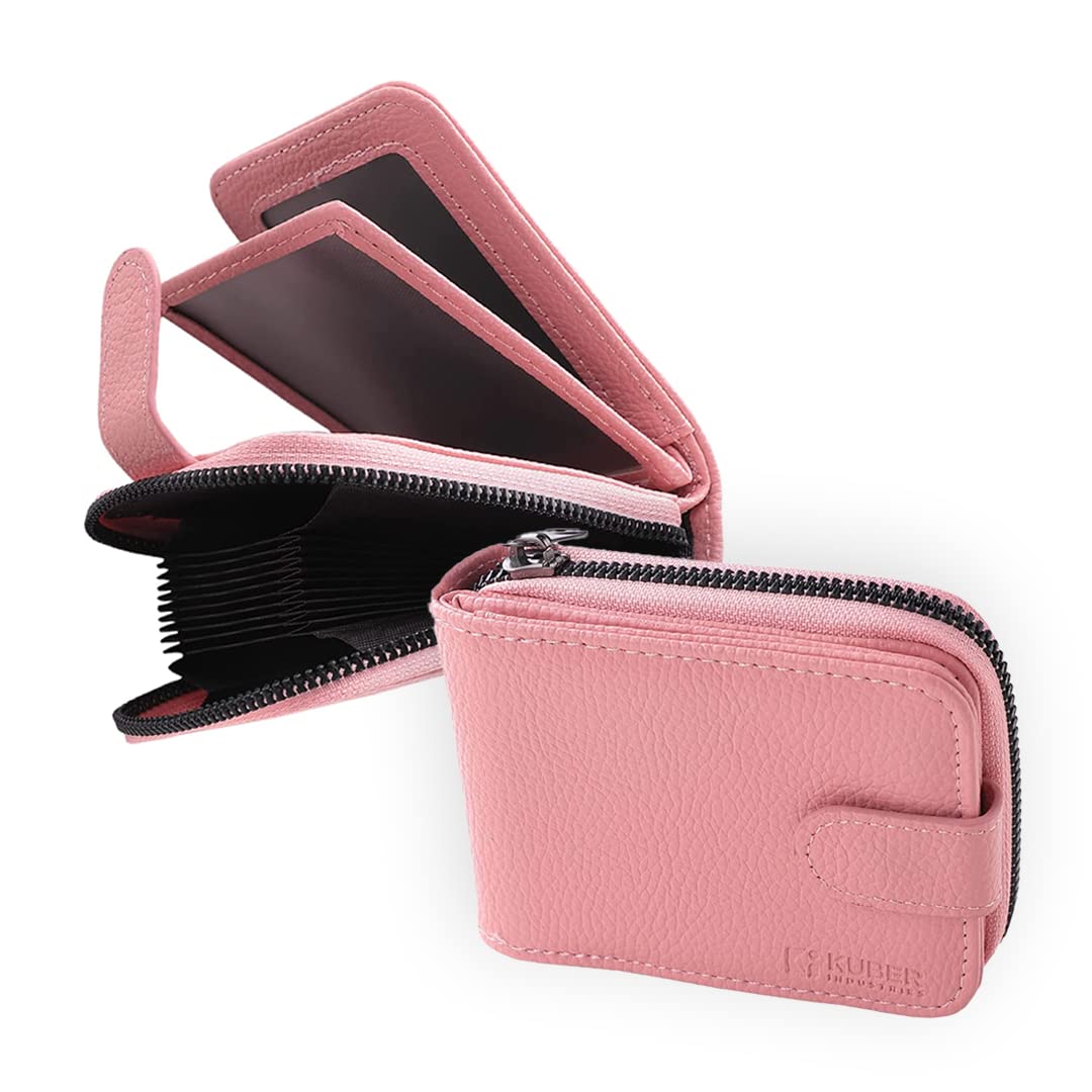 Kuber Industries Card Holder Wallet for Men Women|Debit Credit Card Holder|Wallet for Id, Visiting Card, Buisness Card|RFID Protected|Button & Zipper Closure Wallet|Pink (Pack of 5)