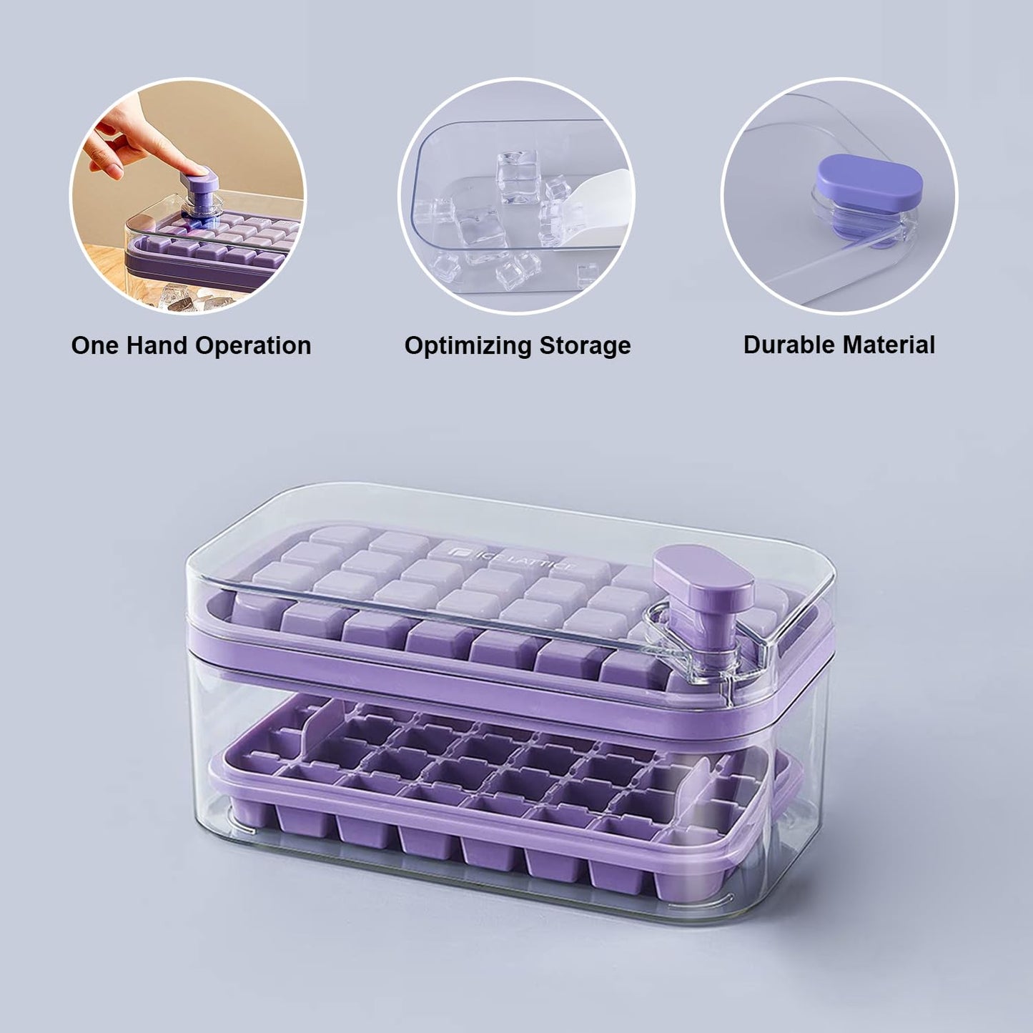 Pack of 6: 2 Layer Ice Cube Trays with Lid - 64 Molds for Easy Demolding | Includes Ice Scoop | Purple