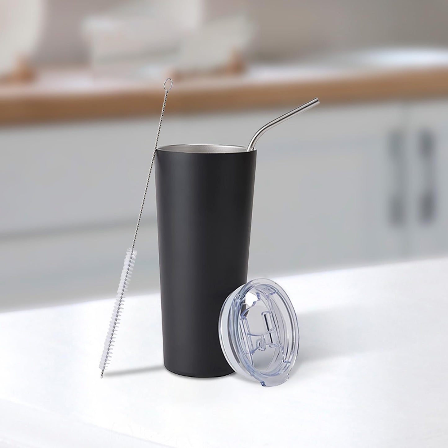 Combo: On The Go Tumbler Set - Double Wall, Vacuum, Airtight | Steel Straw, Cleaning Brush, Lid | 600 ml | Black
