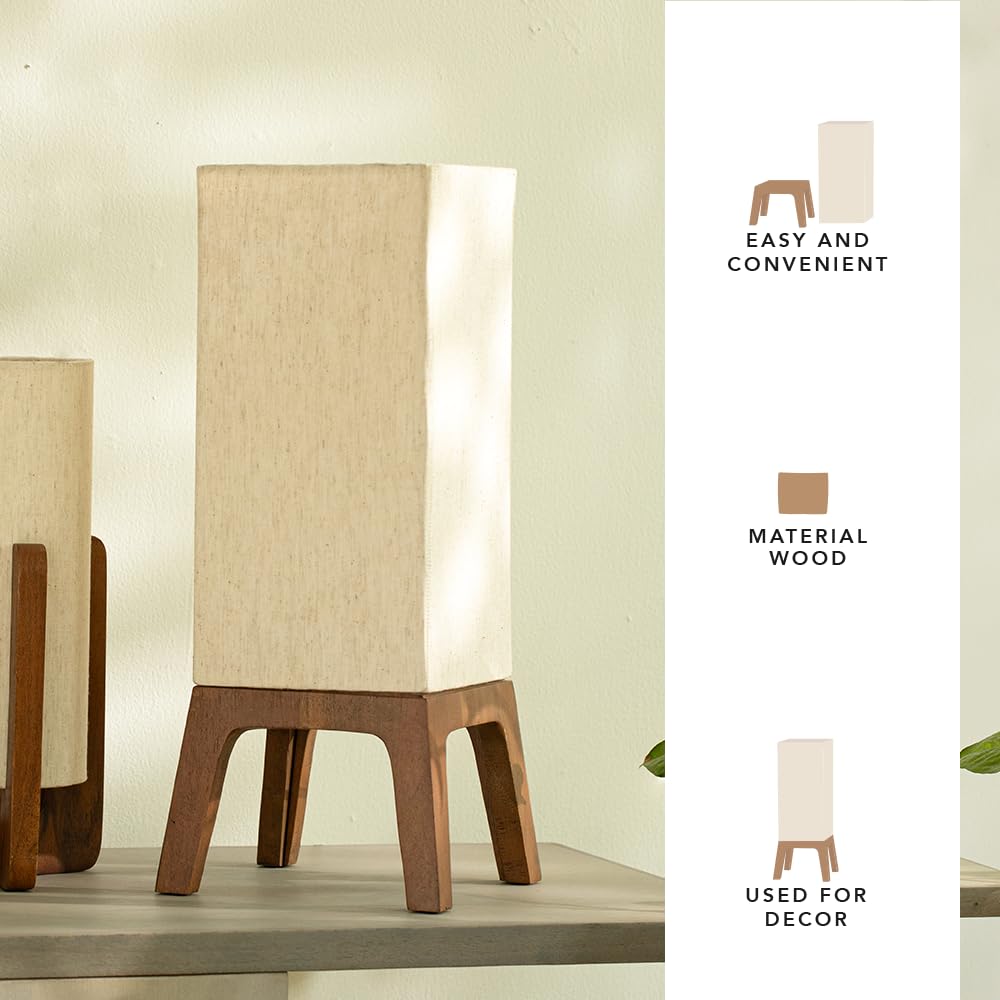 Wooden Table Lamp with Square Legs & Shade (Beige) | Decorative Night Light | 18 x 18 x 43 cm | Art Deco