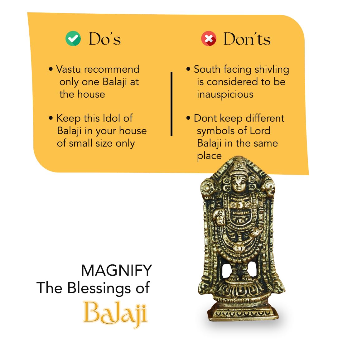 Brass Tirupati Balaji Idol - Traditional Design for Home Décor & Office Desk | 8.0 cm | Polished Brass