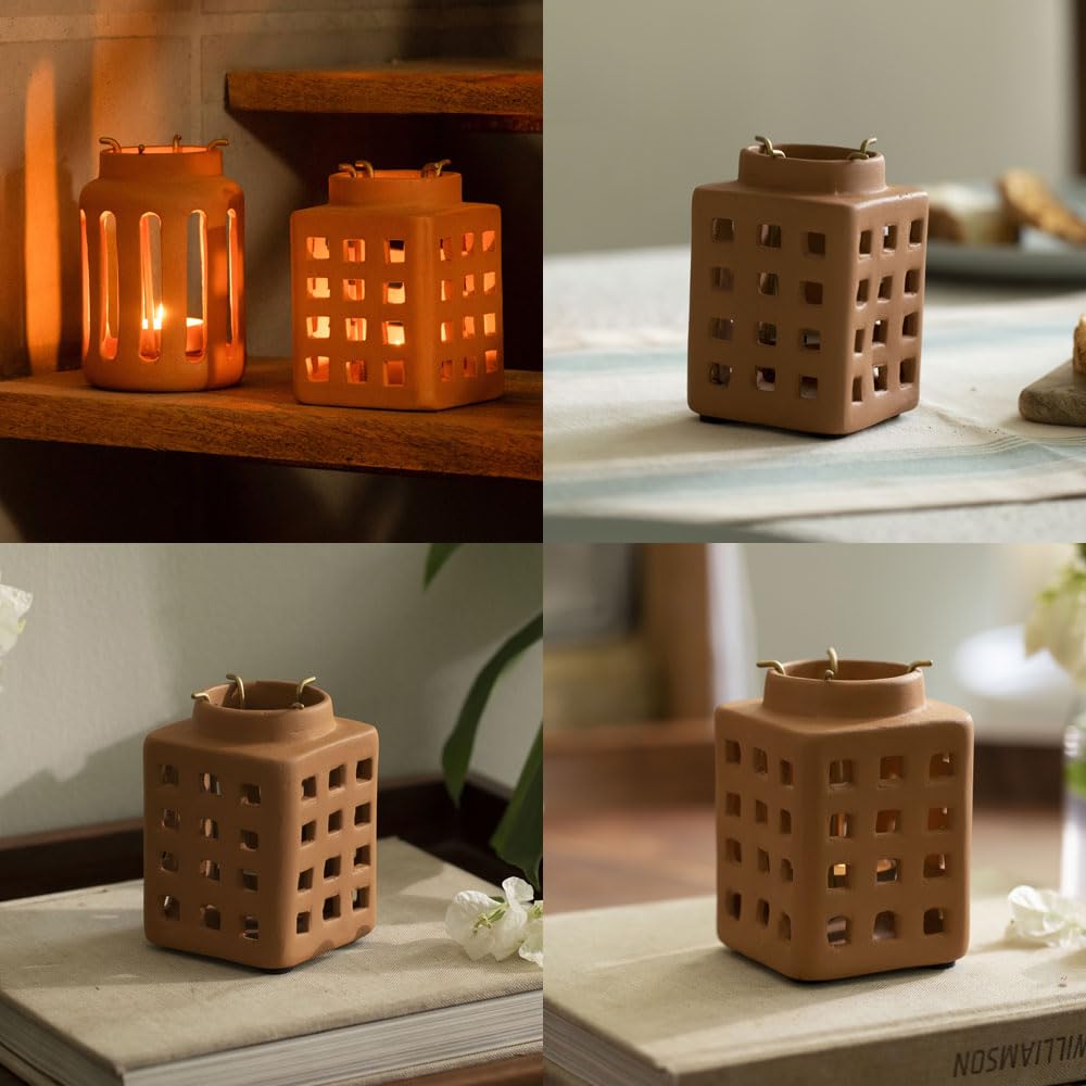 Ellementry Lupa Square Terracotta Lantern (Small) Set of 2 | Candle Tealight Holder for Balcony and Garden | Hanging Lamps for Home Decoration | Lalten for Vintage Christmas Decor and Corporate Gifts