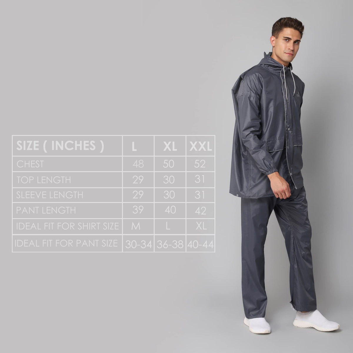 THE CLOWNFISH Men's Waterproof Raincoat - Expandable Back, Reflector Logo | Top & Bottom Set | XXL | Grey