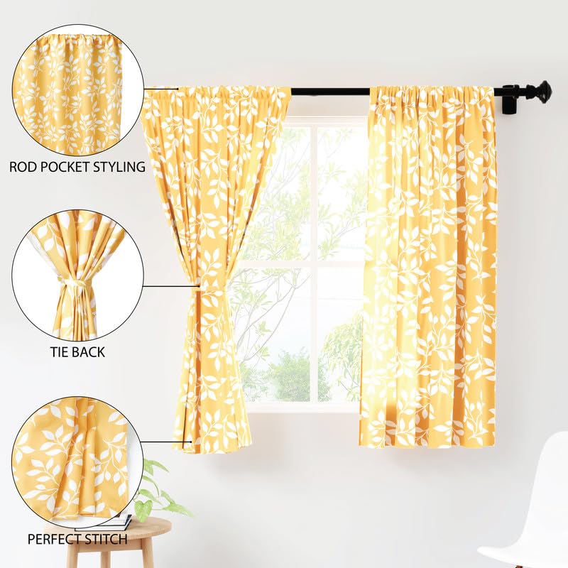 Set of 2: Polyester Printed Window Curtains - Light-Filtering with Tie Back | 5 ft | Reverse Leaf Yellow