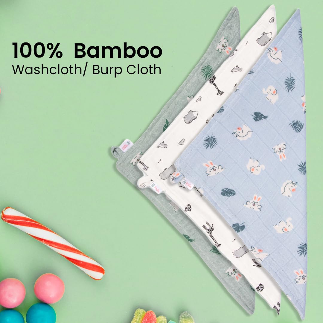 Pack of 3: Super Soft Bamboo Washcloths | Antimicrobial, Absorbent | Standard | Jungle Grey, Rabbit Green, Rabbit Blue