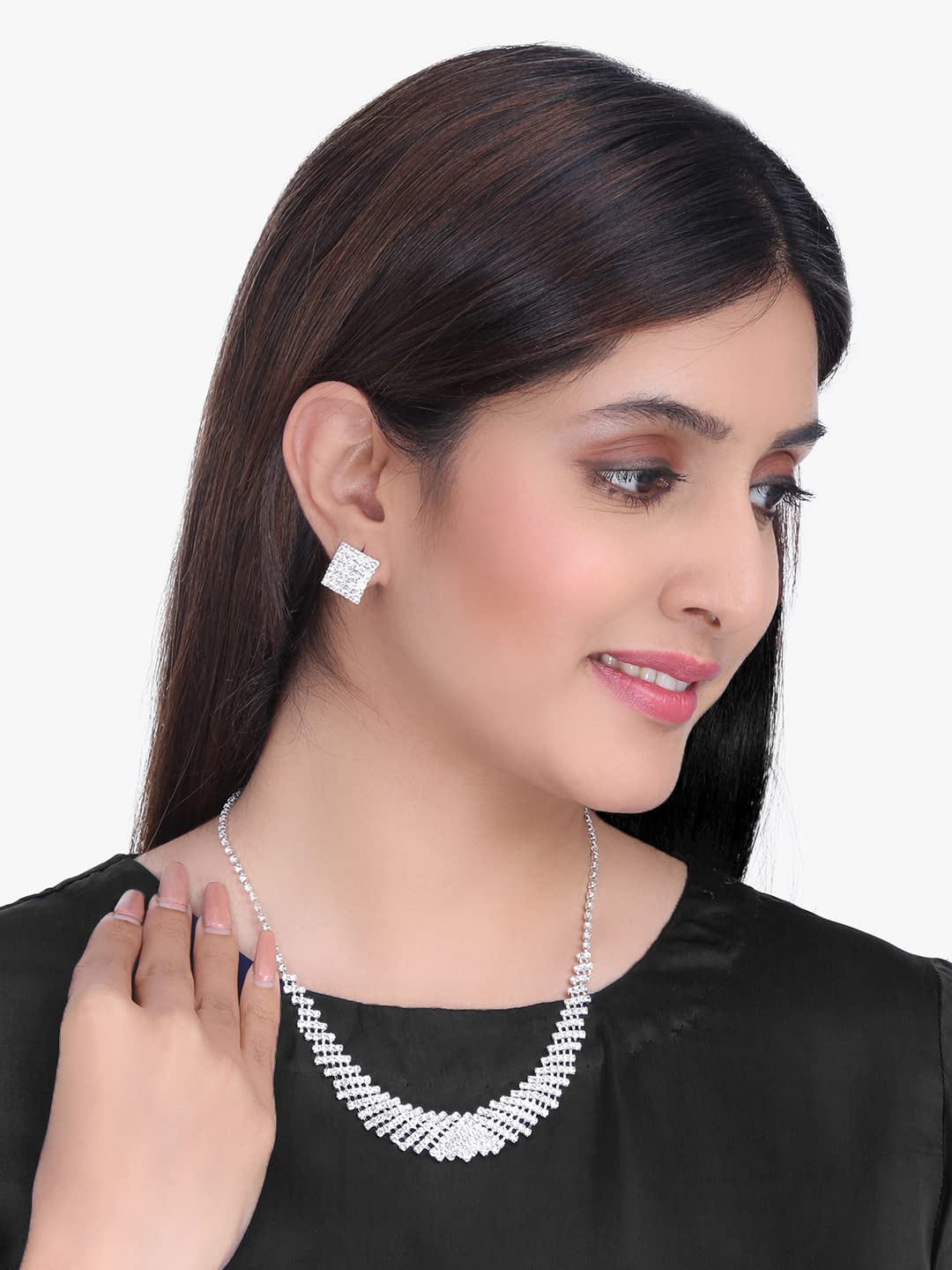 Elegant Crystal Jewellery Set with Stylish Choker & Earrings | Medium | Silver