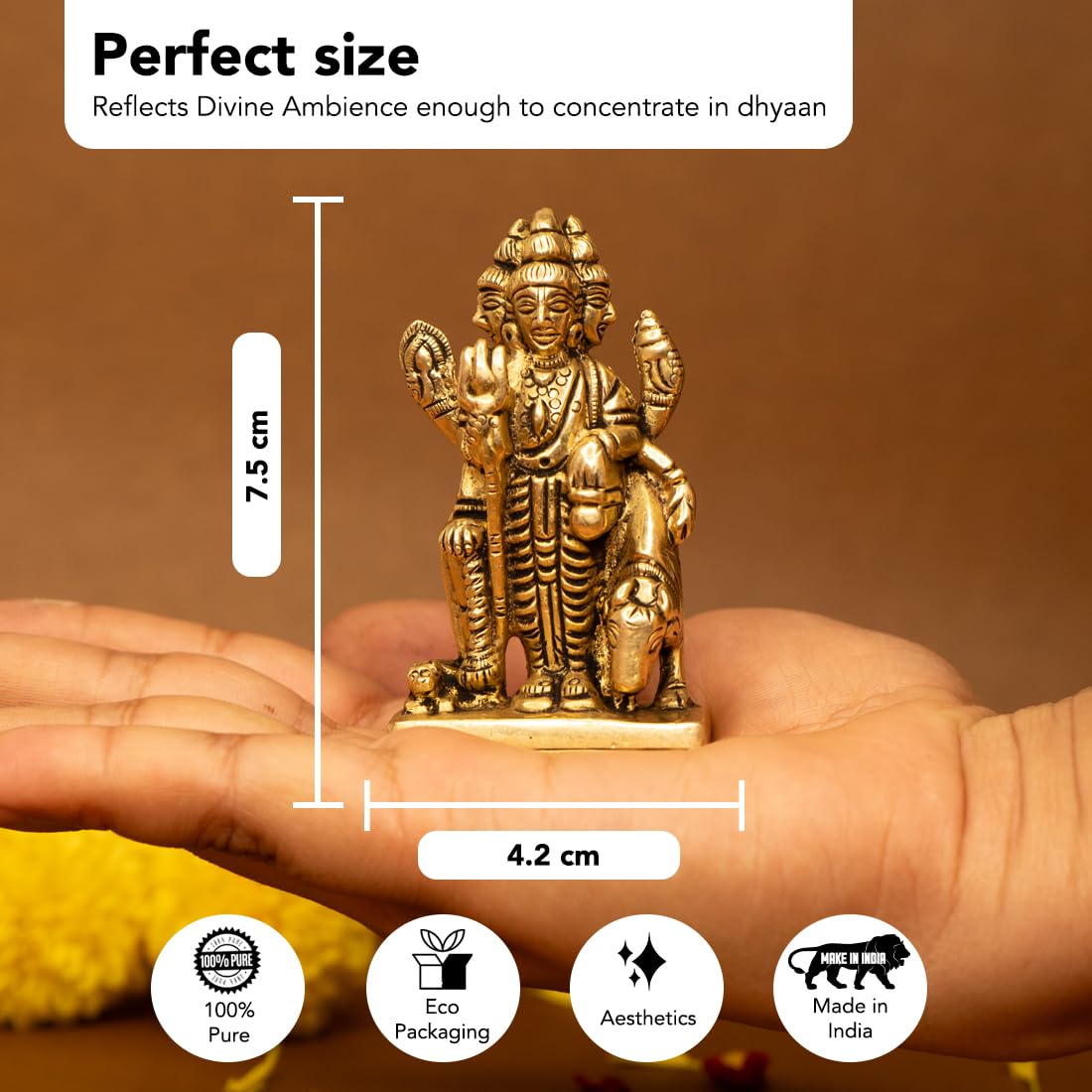 Ekhasa 100% Pure Brass Dattatreya Murti (Size: 7.5 cm) | Dattatreya Idol for Puja, Study Table, Pooja Room & Home Decor | Statue of Lord Dattatreya for Spiritual Enrichment | Datta Murti Sculpture