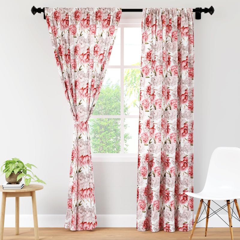 Pack of 2: Sheer Window Curtains with Rod Pocket & Tie Back | Light-Filtering | 8 ft | Peonies Design