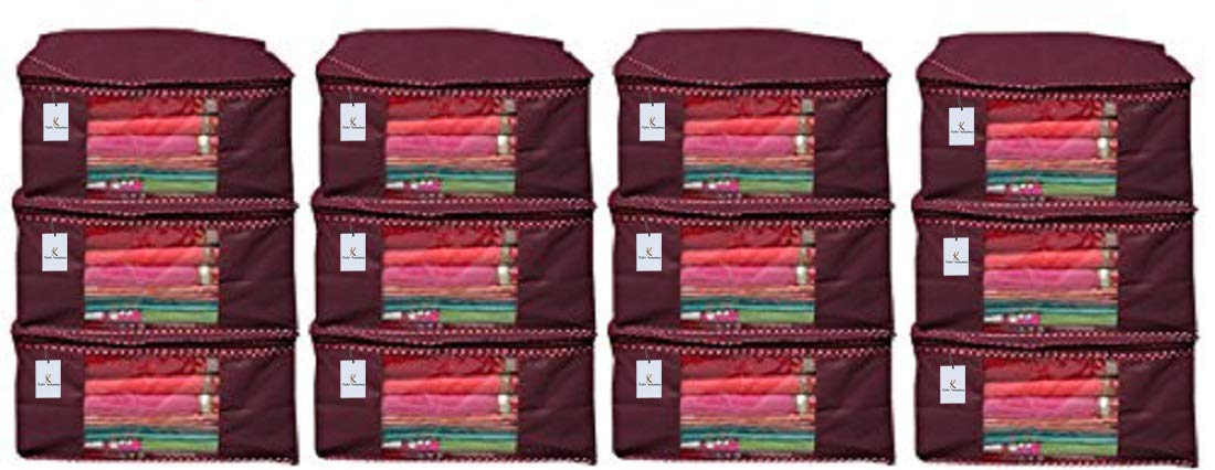 Pack of 12: Non Woven Saree Covers with Zip | Lightweight, Foldable | 46 x 35 x 22 cm | Maroon