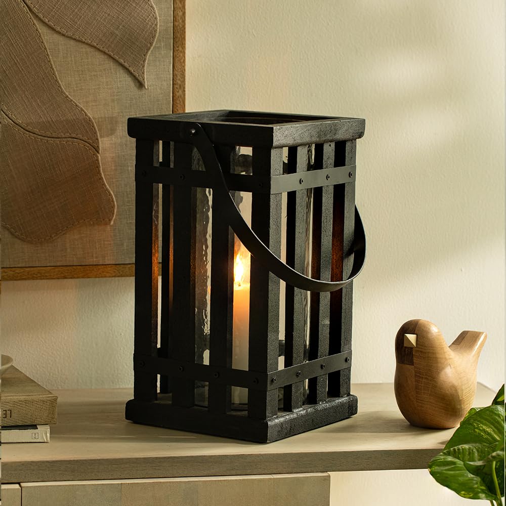 Ellementry Kori Wooden Round Lantern (Black) | Decorative Candle Holder Stands for Balcony and Garden | Hanging Lamps for Home Decoration | Aesthetic Lalten for Vintage Christmas Decor and Gifts