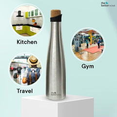 The Better Home Insulated Stainless Steel Water Bottle with Cork Cap | 18 Hours Insulation | Pack of 6-500ml Each | Hot Cold Water for Office School Gym | Leak Proof & BPA Free | Silver Colour