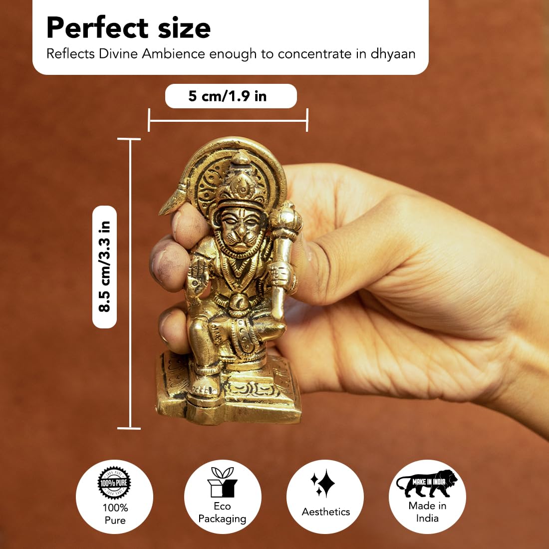 Brass Hanuman Ji Murti - 100% Pure Brass, Traditional Style | Perfect for Home Puja & Gifting | 8.4 cm | Gold