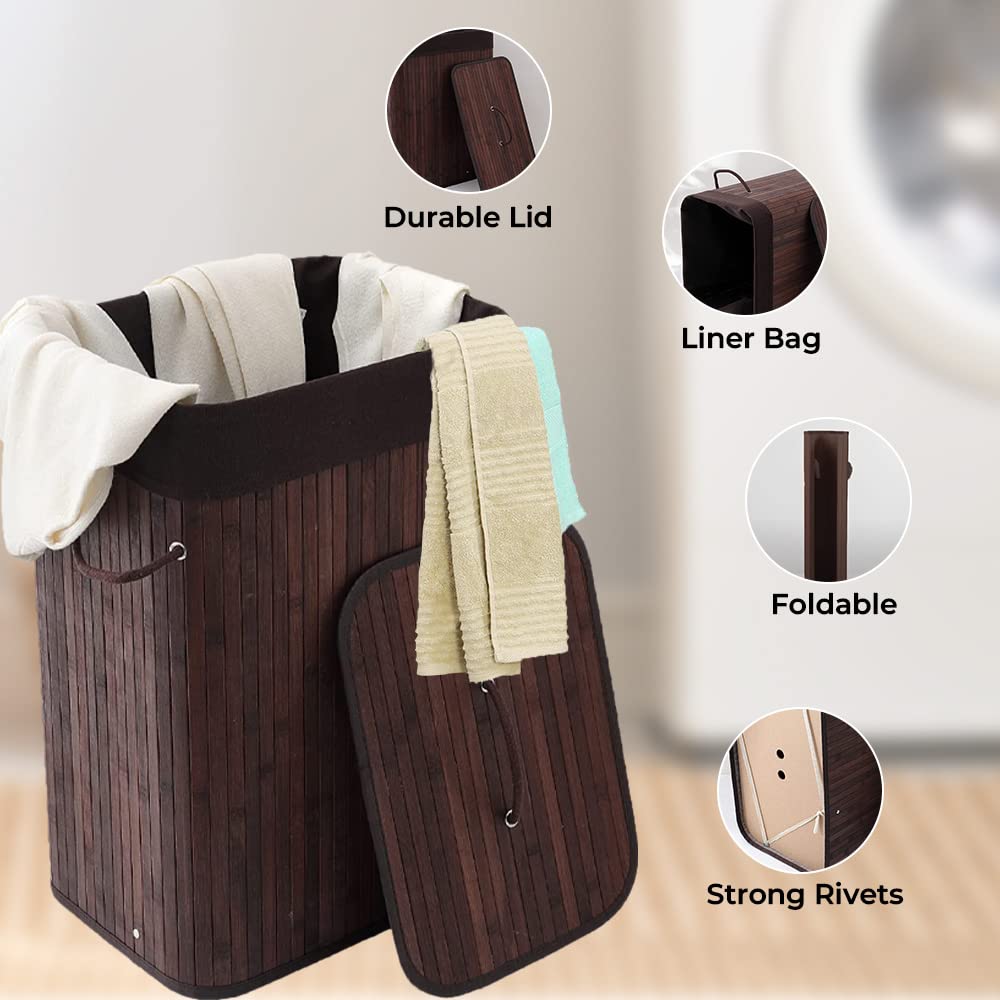 Pack of 2: Bamboo Laundry Baskets - Foldable, Durable Rope Handles | Removable Bag | Dark Brown