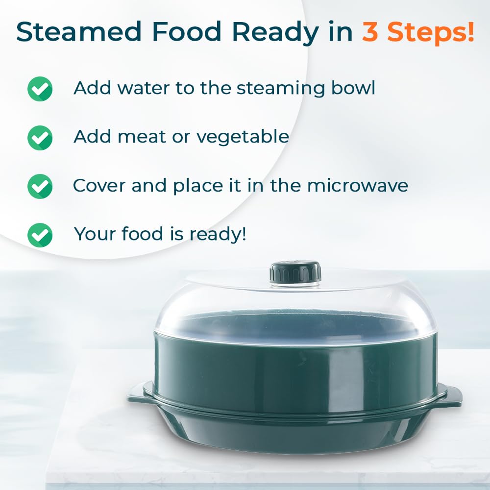 Kuber Industries Microwave Oven Steamer With Handle & Lid (1 Cover +1 Box +1 Base) | Green