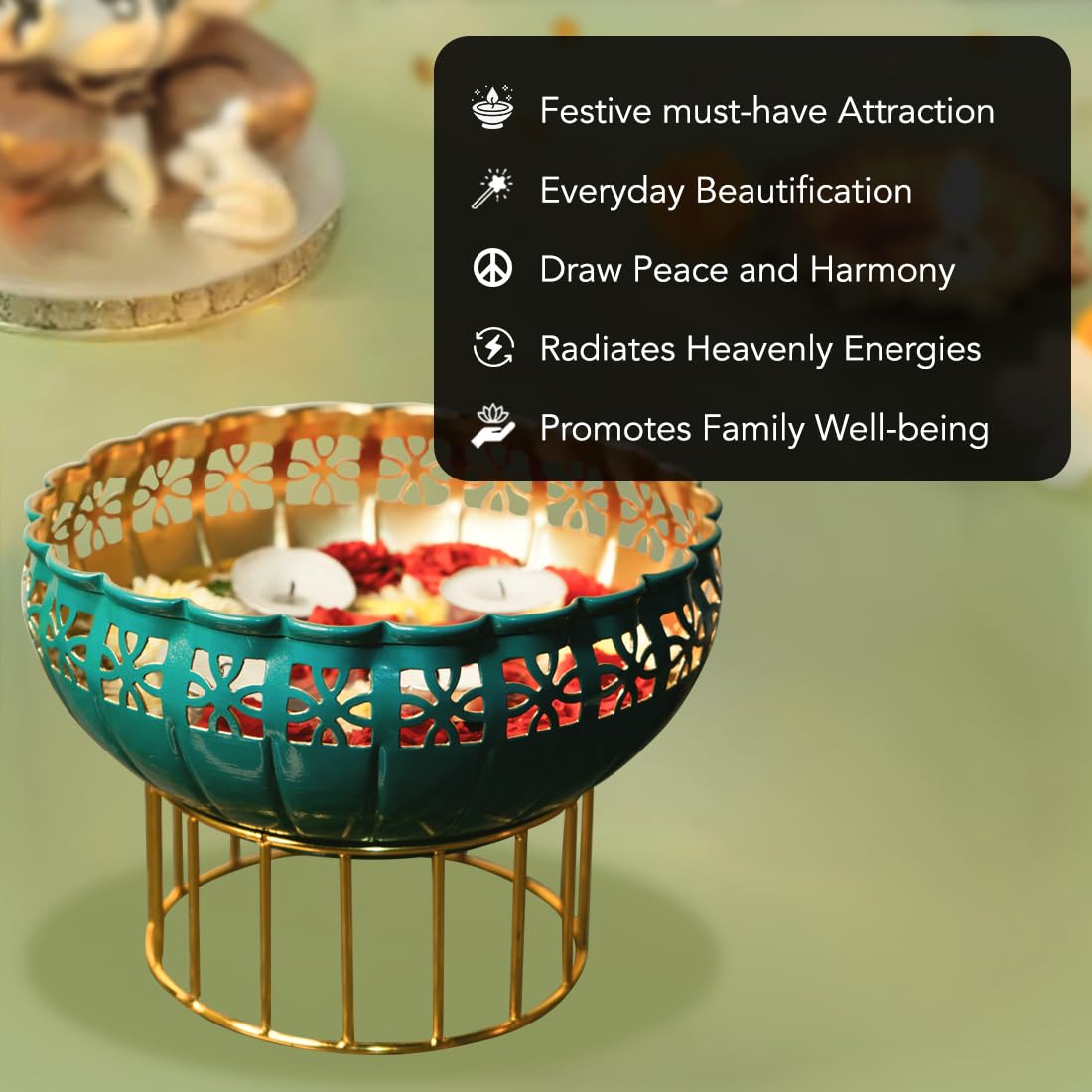 Combo: Green Urli Bowl with Peacock Tealight Holder | Floating Flowers, Tealight Candles | Home Decor | Size: Medium