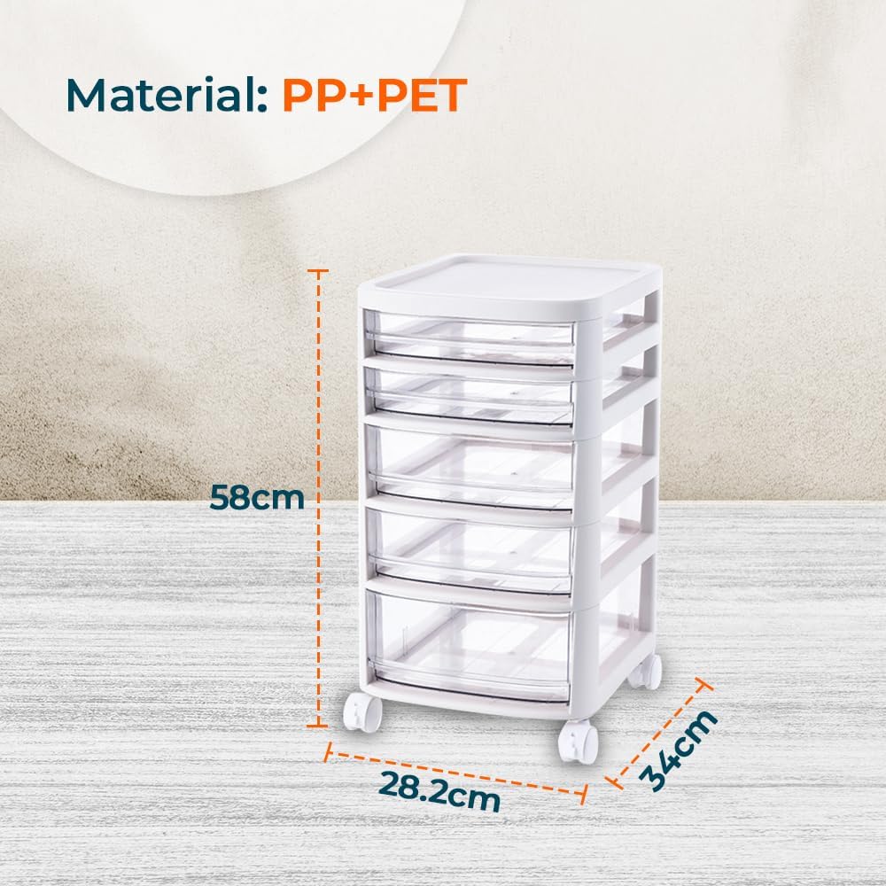 Kuber Industries 5 Layer Cosmetic Cabinet with Trolley|5-Tier Rolling Cart|Shelf Stand With Drawer|Pack of 2|White