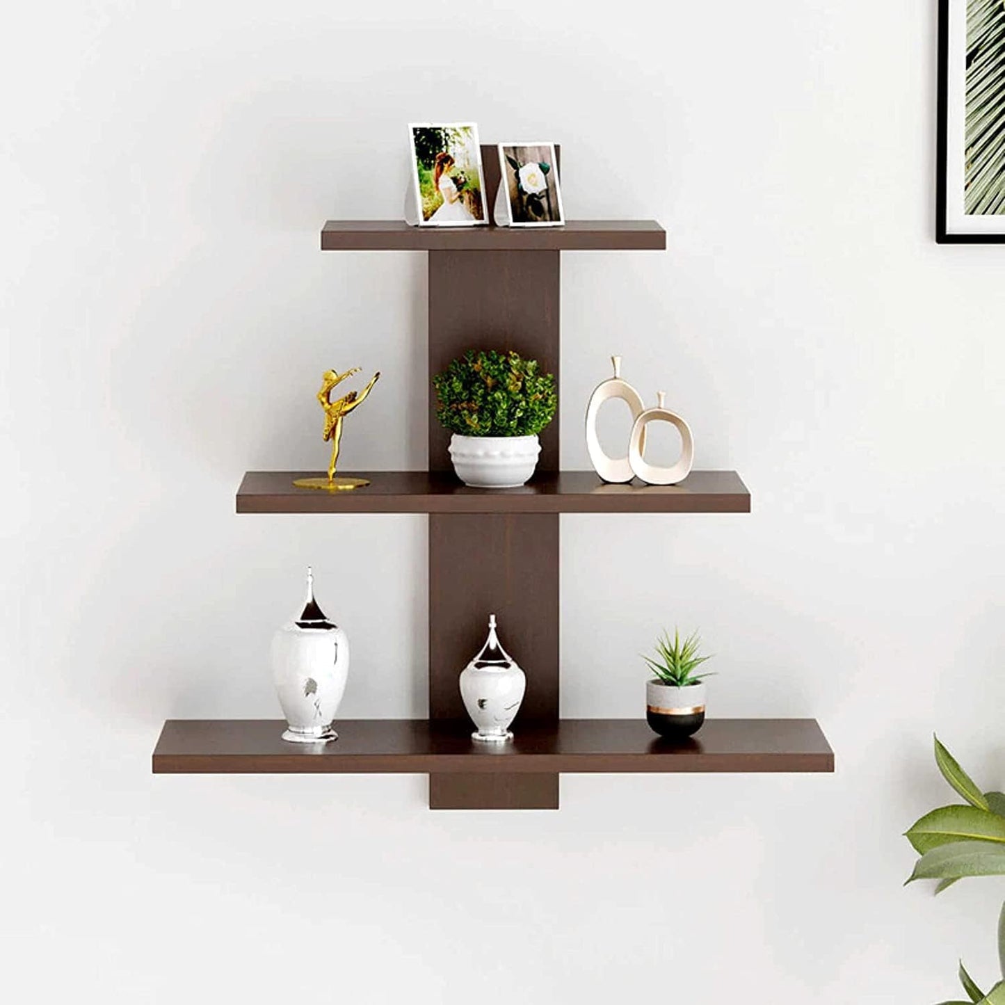 Kuber Industries Wooden Wall Shelf|Multipurpose Tree Shape Display Rack|Engineered Wood Mount 3 Tier Shelves for Office & Home D?cor (Brown) (Pack of 4)