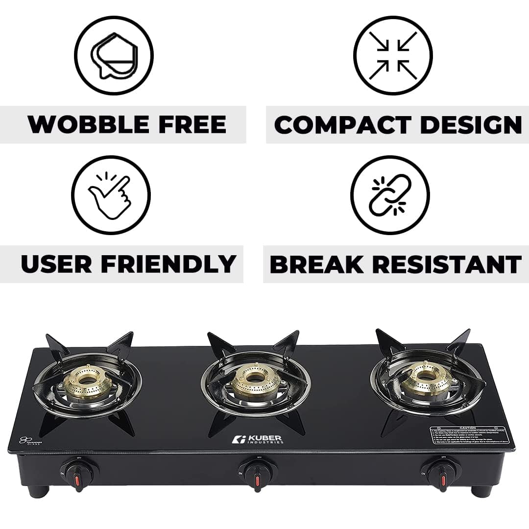 Gas Stove 3 Burner - Easy to Clean, Wobble Free Design | 1 Piece Gas Burner Included | Compact | Black