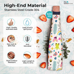 The Better Home Insulated Stainless Steel Water Bottle 500ml | 18 Hours Insulation Cork Cap | Hot Cold Gym Office School | Airtight Leak Proof BPA Free | Jungle Mania Print Multicolour | 1 Bottle Pack