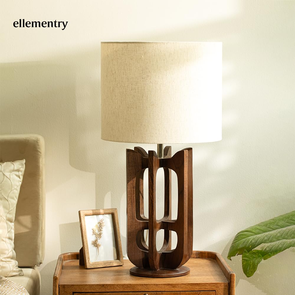 Wooden Table Lamp with White Shade | Decorative Night Light for Bedroom & Living Room | 35 x 35 x 69 cm | Brown