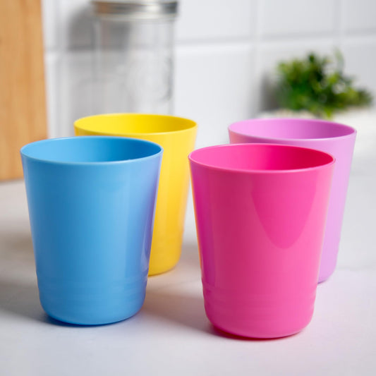 Set of 4: Colorful Glass Tumblers - Designer Reusable Mugs | Kitchen Accessory | 250mL | Yellow, Pink, Purple, Blue