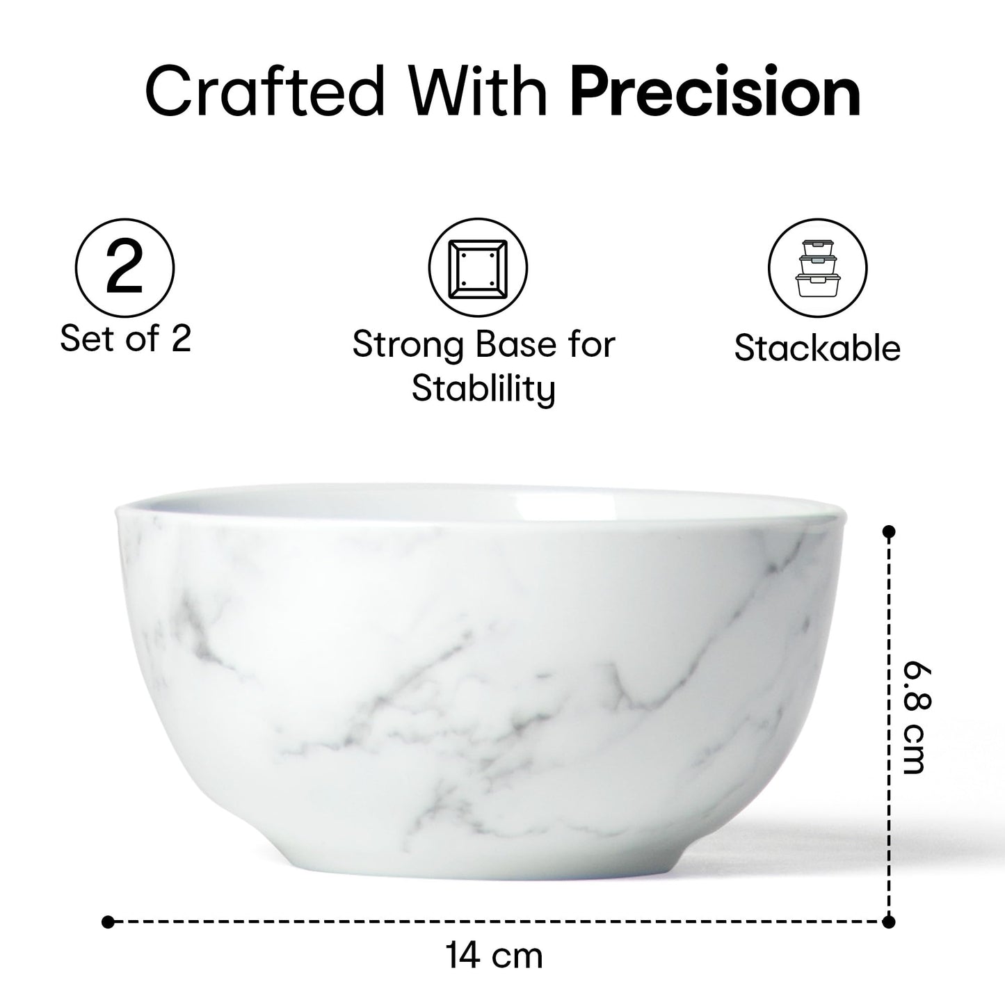 Anko 6" Marble Porcelain Bowls - Set of 2 | Premium Crockery for Dining Table Ideal for Serving Soup, Salad, Dessert | Designer Bowls for Home, Kitchen, Restaurant | 600mL, White