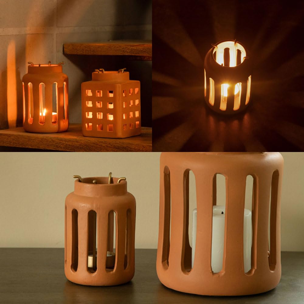 Ellementry Lupa Round Terracotta Lantern (Small) Set of 2 | Candle Tealight Holder for Balcony and Garden | Hanging Lamps for Home Decoration | Lalten for Vintage Christmas Decor and Corporate Gifts