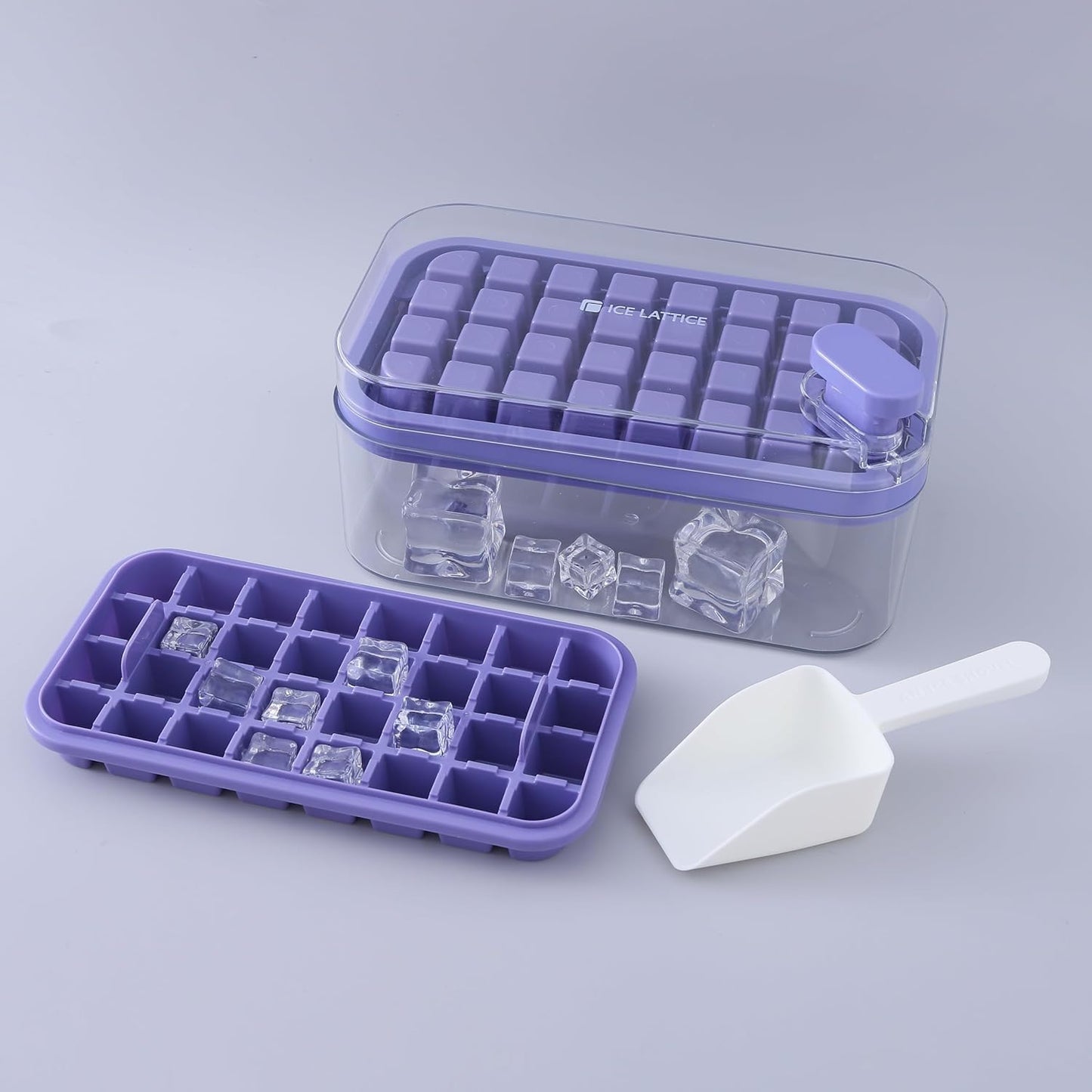 Pack of 6: 2 Layer Ice Cube Trays with Lid - 64 Molds for Easy Demolding | Includes Ice Scoop | Purple