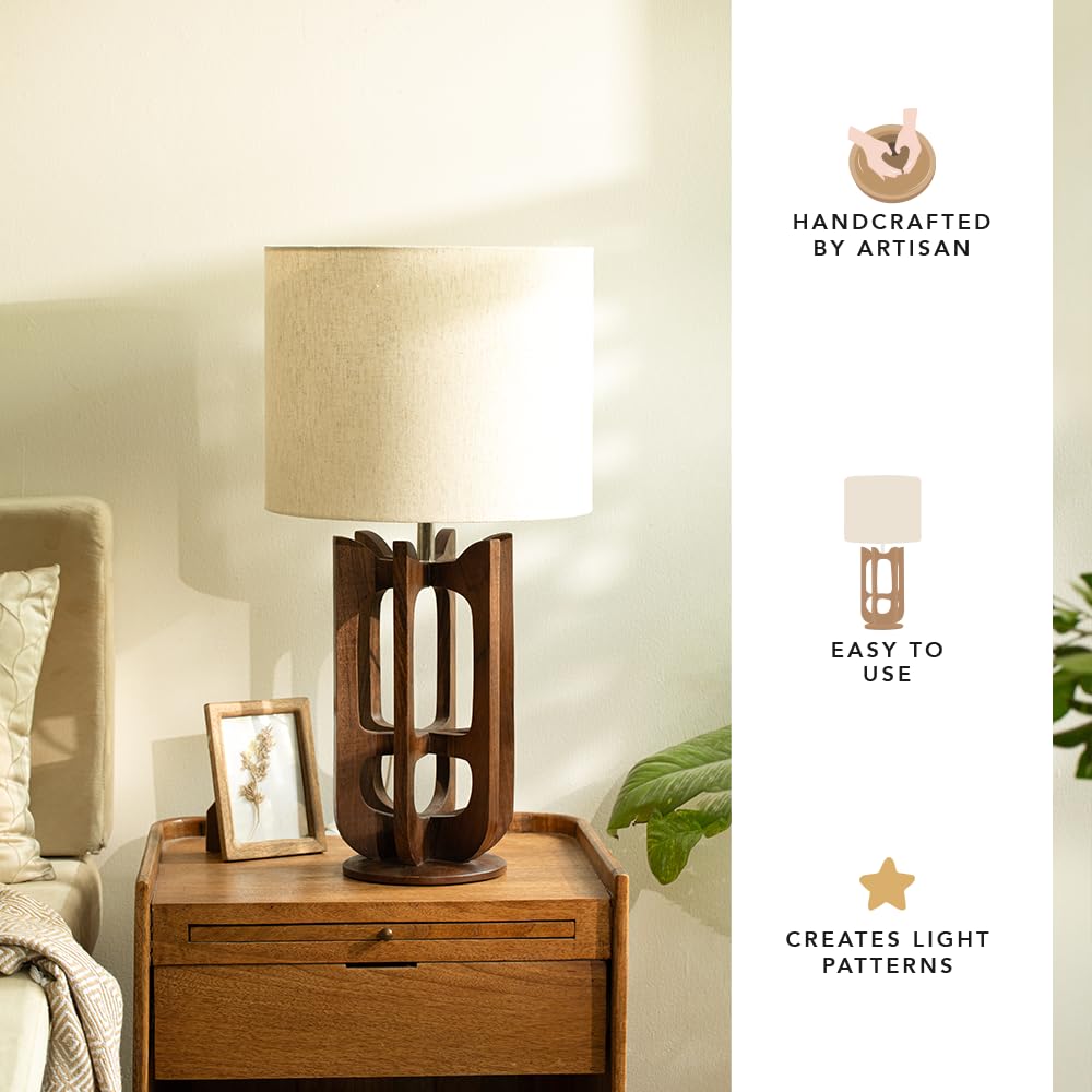 Wooden Table Lamp with White Shade | Decorative Night Light for Bedroom & Living Room | 35 x 35 x 69 cm | Brown