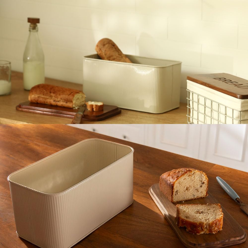 Metal Bread Box with Wooden Lid - Food Grade, BPA Free, Handcrafted | Off-White | Rustic Style | Rectangular